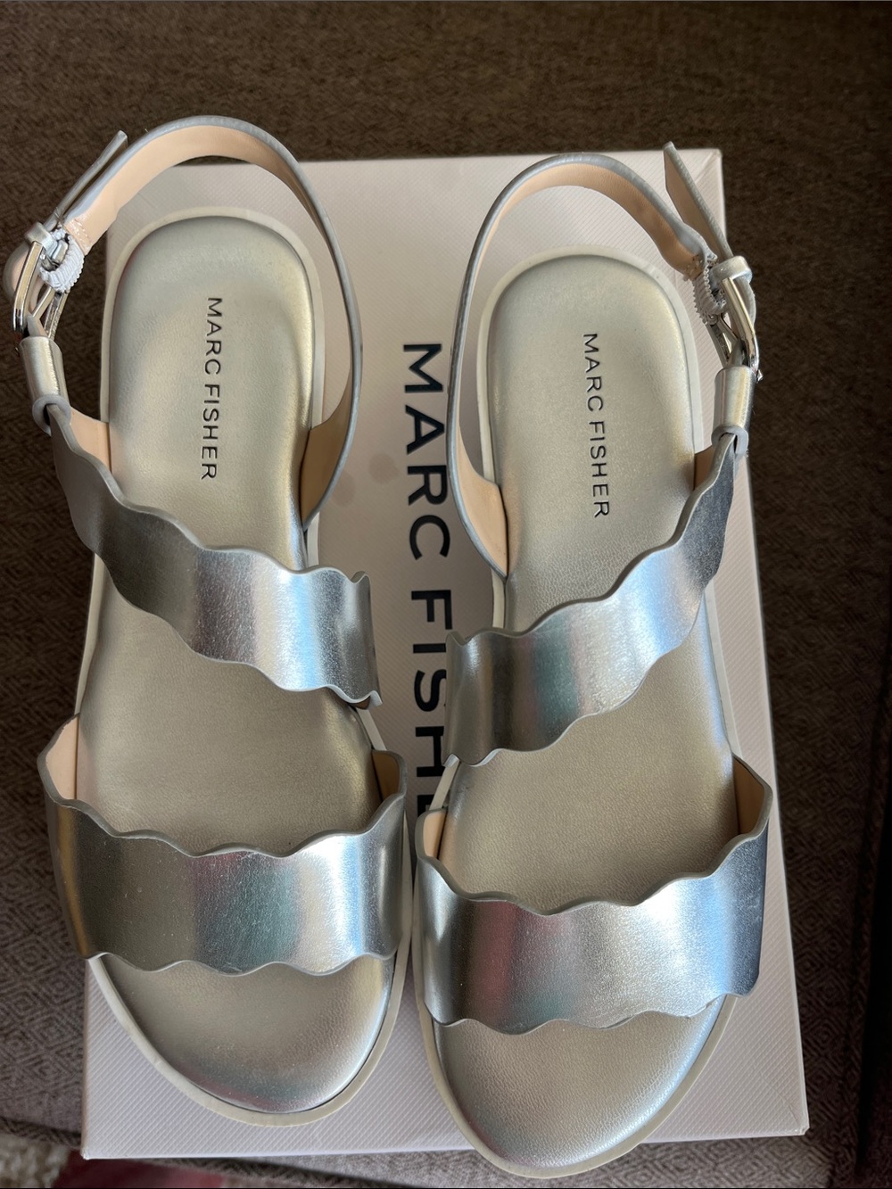 Marc Fisher Metallic Silver Wavy-Strap Slingback Sandals